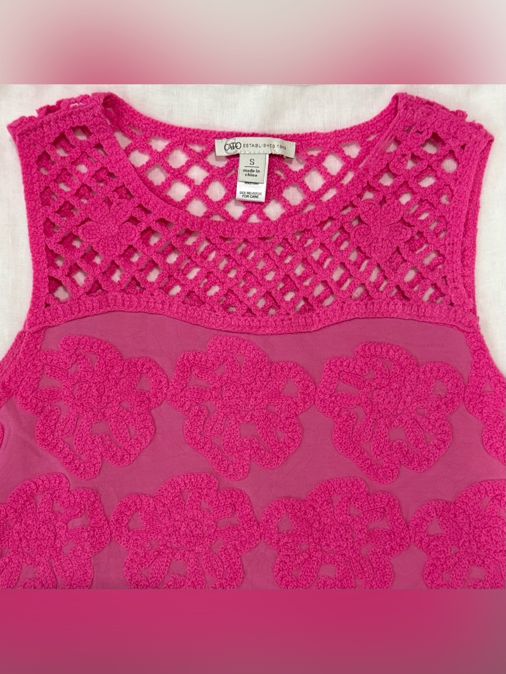 Cato Hot Pink Floral Embroidered Crochet Tank Size S - Picture 3 of 7